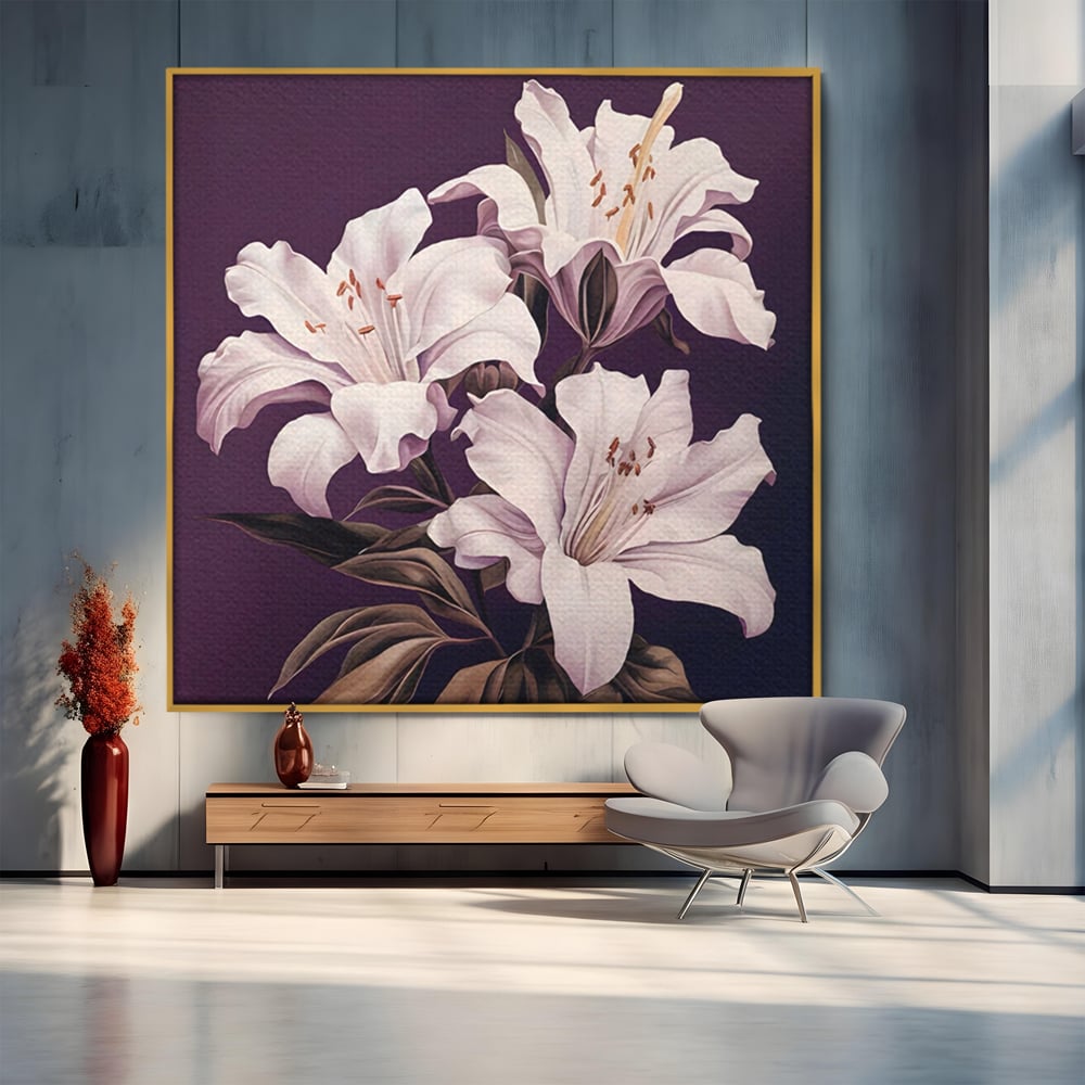 Tablou canvas cu tablou canvas cu trei crini albi, in rama de aluminiu auriu